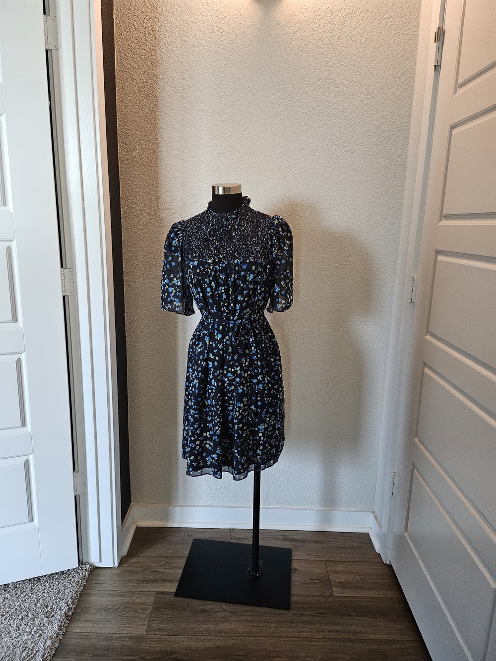 French Connection Smocked Neck Black Floral  Dress